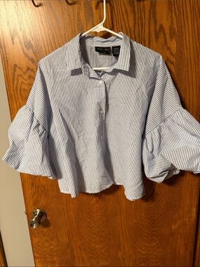 Striped Light Blue and White Ruffle-Sleeve Button-Down Blouse